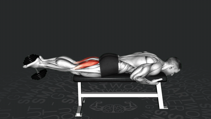 Uginanie nóg z hantlą leżąc