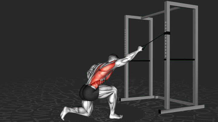 Тяга резинового эспандера одной рукой на широчайшие мышцы спины