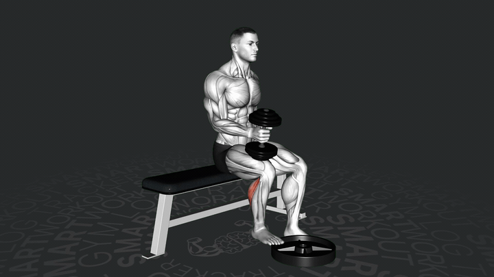 Wspięcia na palcach w siadzie jednonóż z hantlem