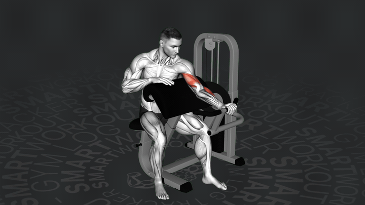 Сгибание рук на скамье Скотта на тренажере одной рукой